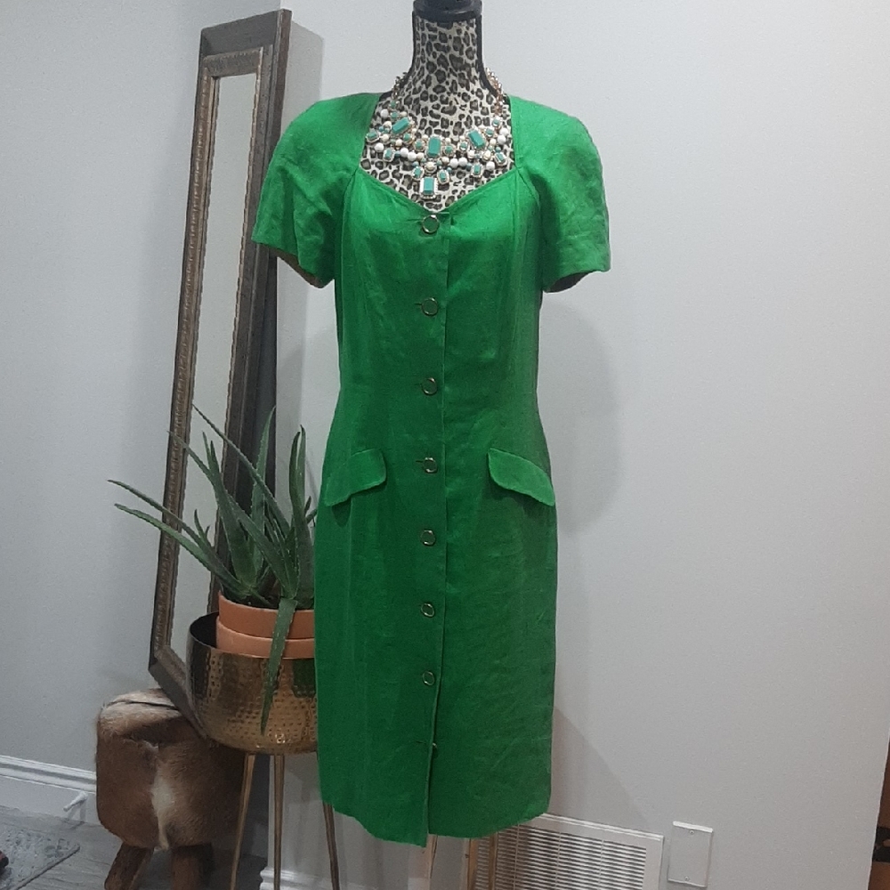 100% Linen Nipon Boutique Vibrant Green Midi Dress